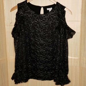 Carolina Belle Womens Black Metallic Silver Cold Shoulder Floral Top Lar…